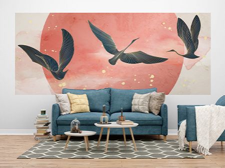 Ptaki o zachodzie na ścianie, mural na ścianie w salonie. Mural drukiem ściennym