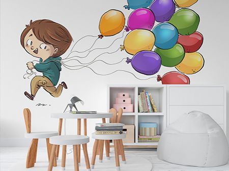 Fototapeta do pokoju dziecięcego to przeżytek, dziecko z balonami drukowane drukiem ściennym.